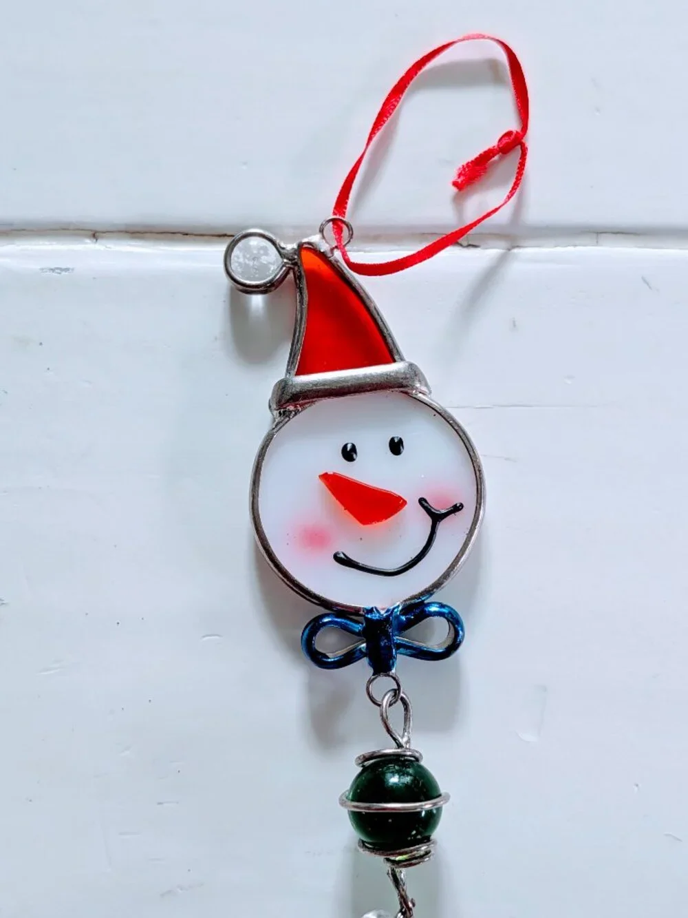 Set of 2 VTG Stained Glass Snowman Icicle Christmas Ornaments Suncatcher 9